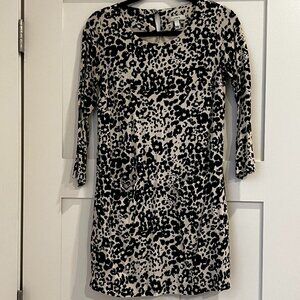J. Crew Shift Dress 3/4 sleeve, Black and White mini, Cheetah Print, Size 0